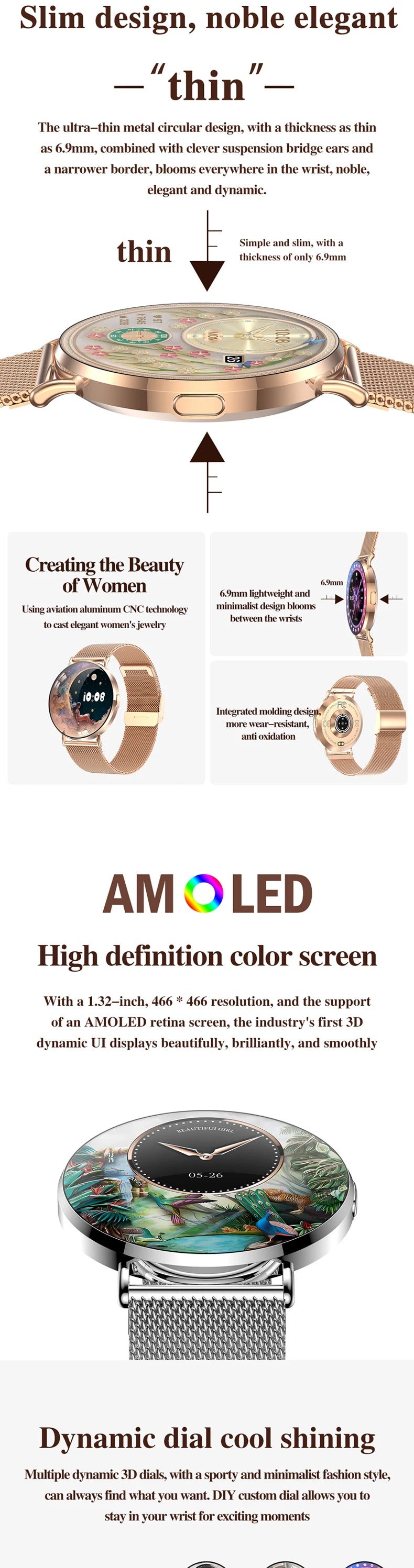 LWT KM88 Ultra Thin Calorie Tracker Smart Watch For Women, Purple Aluminum Alloy Watch With AMOLED Screen