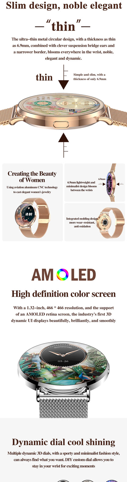 LWT KM88 Ultra Thin Calorie Tracker Smart Watch For Women, Purple Aluminum Alloy Watch With AMOLED Screen